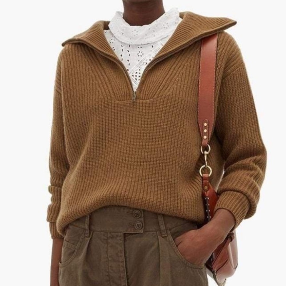 Nili Lotan 100% Cashmere Half Zip Sweater Hester Khaki Size Medium / Large Brown